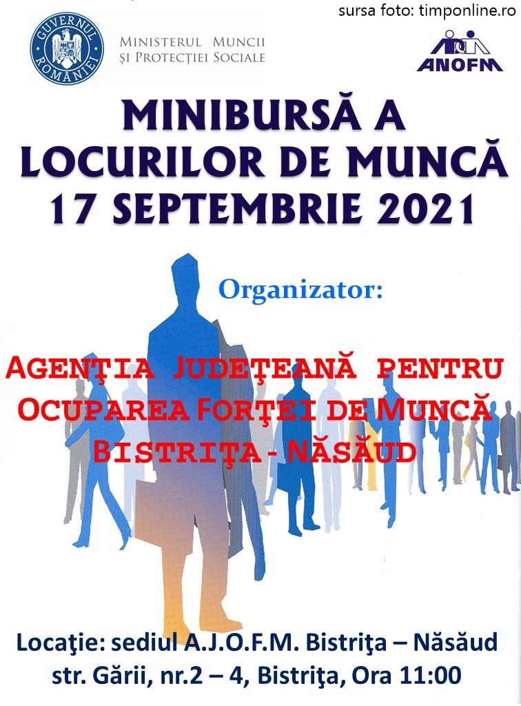 O minibursă a locurilor de muncă va avea loc pe 17 septembrie la Bistrița, organizată de AJOFM